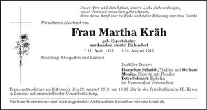 Traueranzeige Martha Kräh