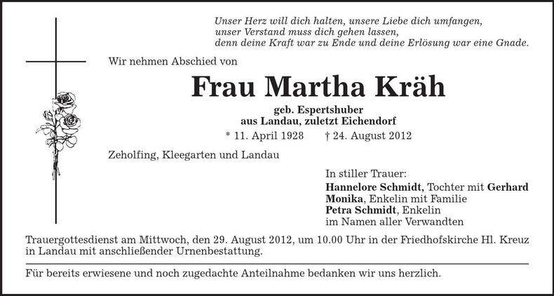 Traueranzeige Martha Kräh