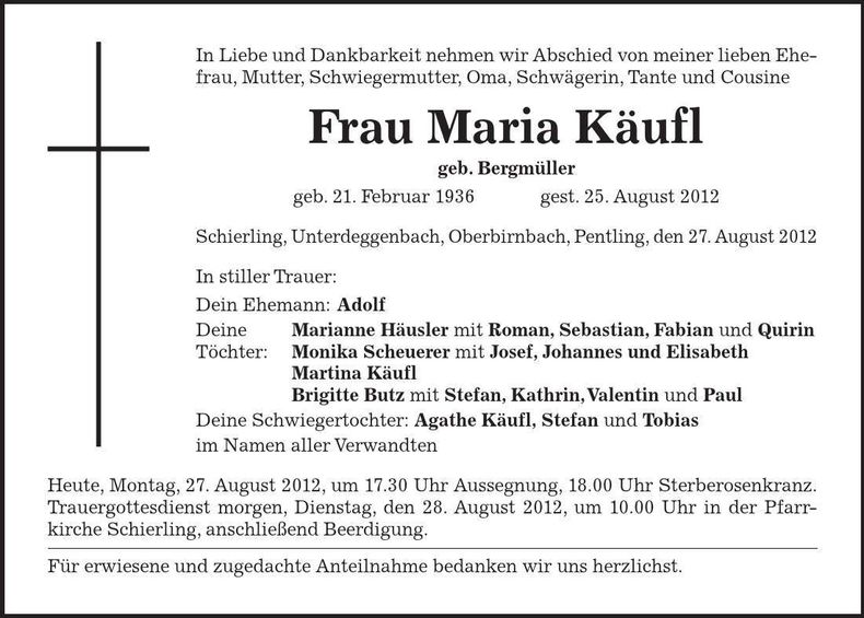 Traueranzeige Maria Käufl