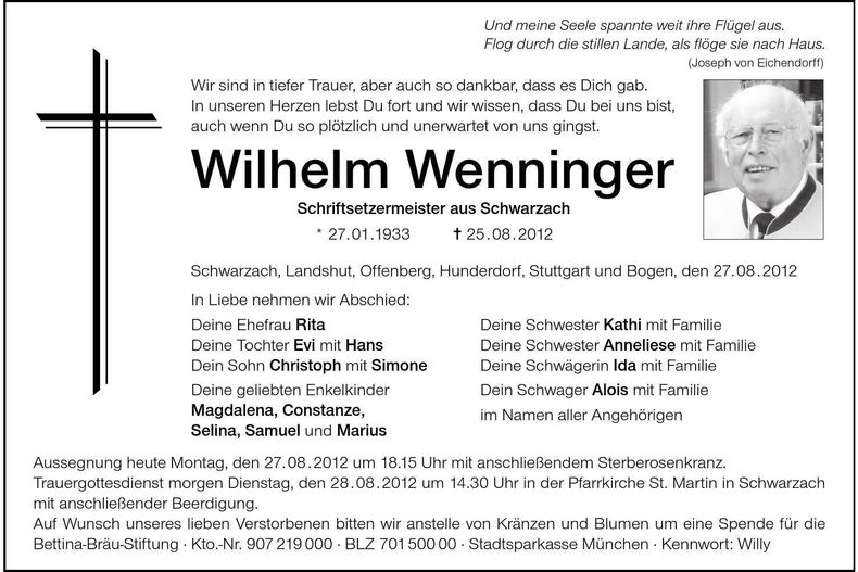 Traueranzeige Wilhelm Wenninger