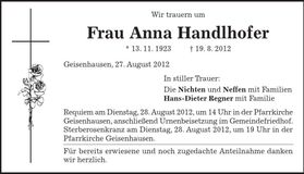 Traueranzeige Anna Handlhofer