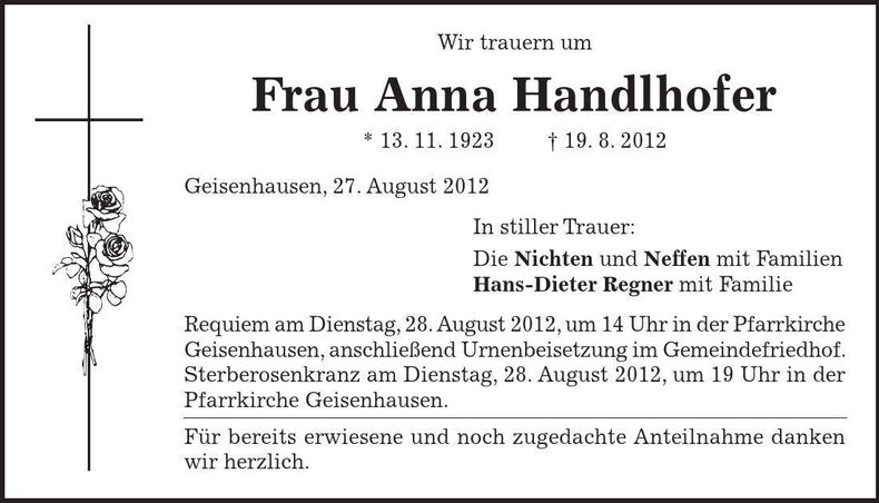 Traueranzeige Anna Handlhofer