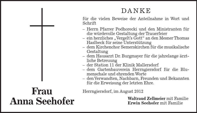 Traueranzeige Anna Seehofer