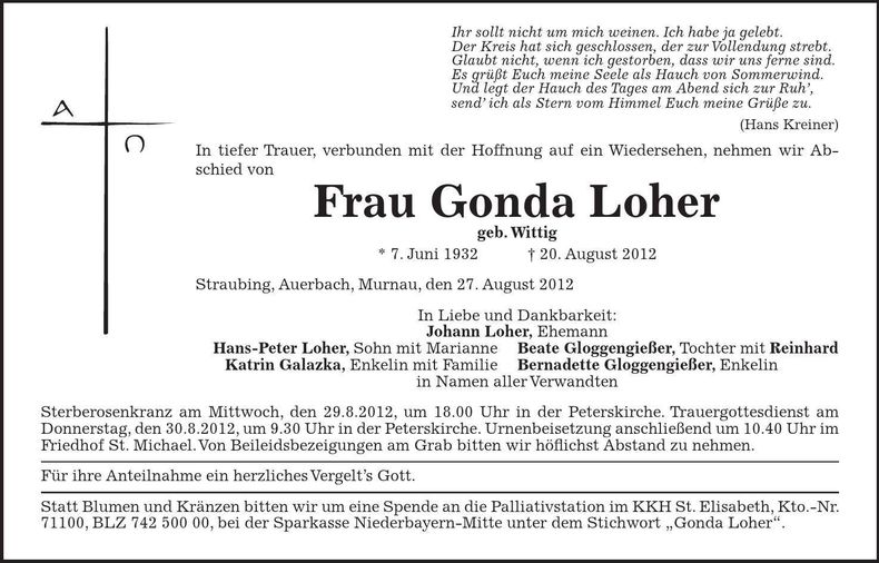 Traueranzeige Gonda Loher