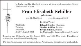 Traueranzeige Elisabeth Schiller