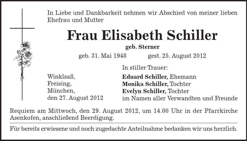 Traueranzeige Elisabeth Schiller