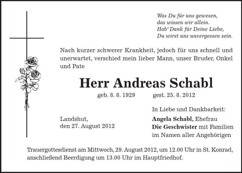Traueranzeige Andreas Schabl
