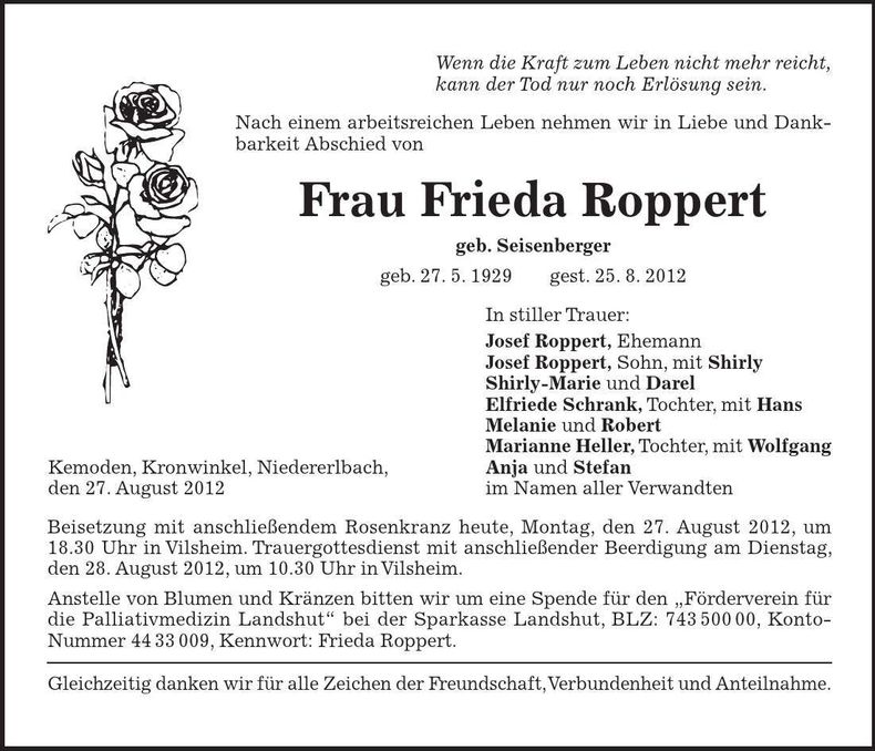 Traueranzeige Frieda Roppert