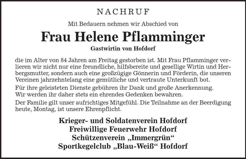 Traueranzeige Helene Pflamminger