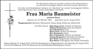 Traueranzeige Maria Baumeister