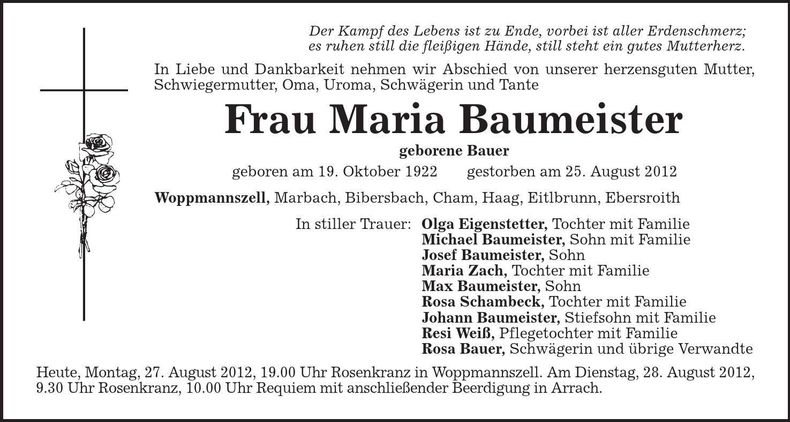 Traueranzeige Maria Baumeister