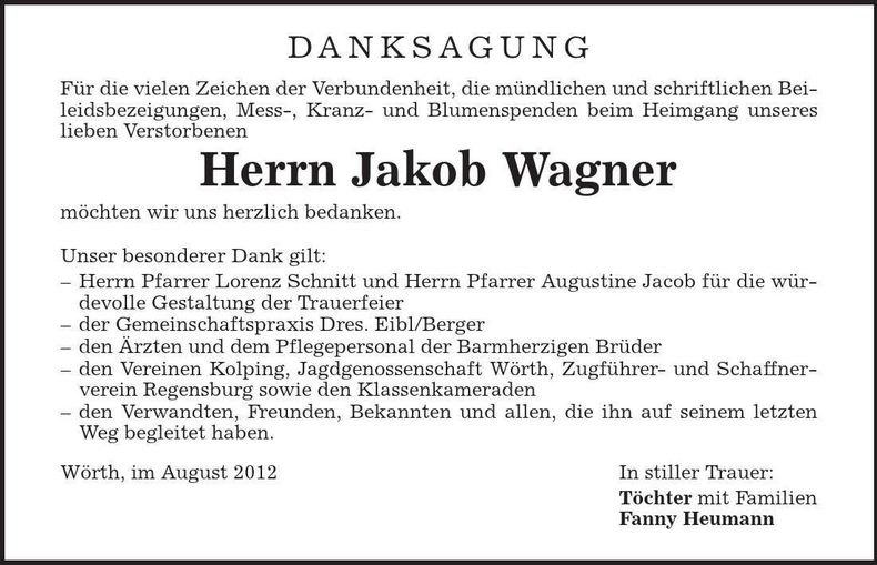 Traueranzeige Jakob Wagner