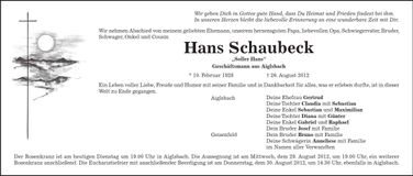 Traueranzeige Hans Schaubeck