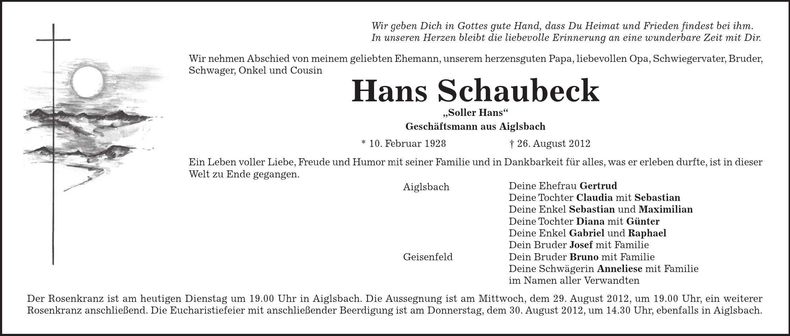 Traueranzeige Hans Schaubeck