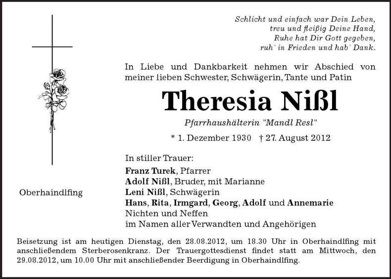 Traueranzeige Theresia Nißl