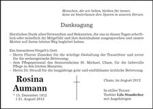 Traueranzeige Rosina Aumann
