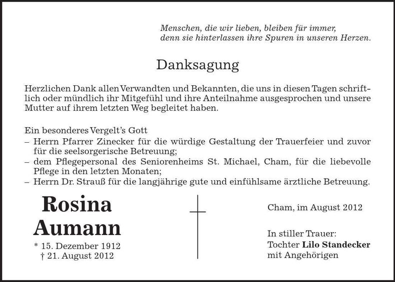 Traueranzeige Rosina Aumann
