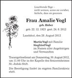 Traueranzeige Amalie Vogl