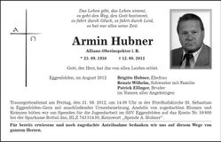 Traueranzeige Armin Hubner