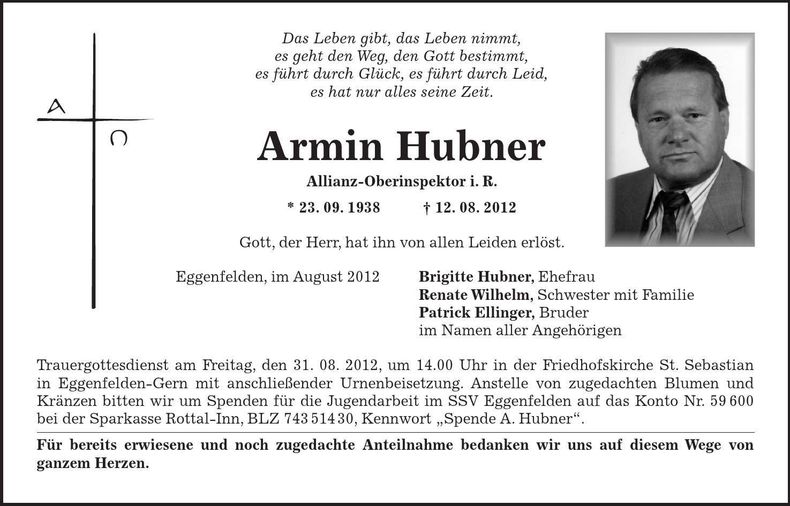 Traueranzeige Armin Hubner