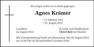 Traueranzeige Agnes Krämer