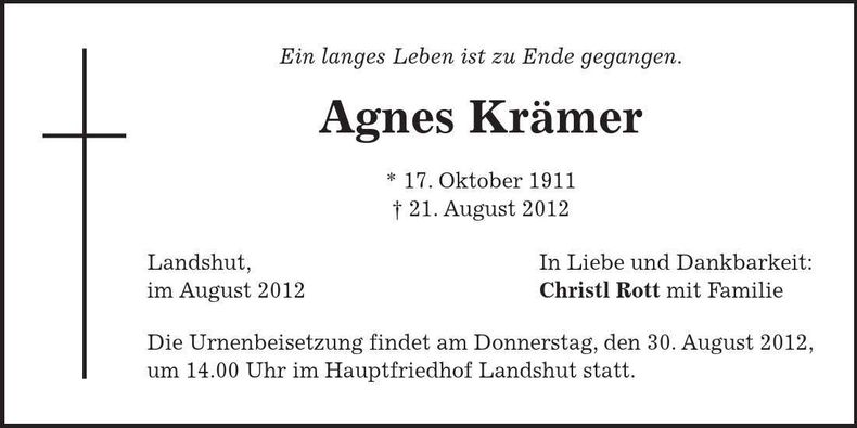 Traueranzeige Agnes Krämer