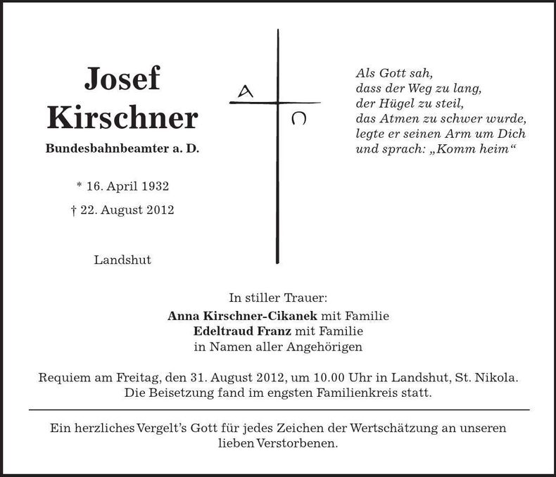 Traueranzeige Josef Kirschner
