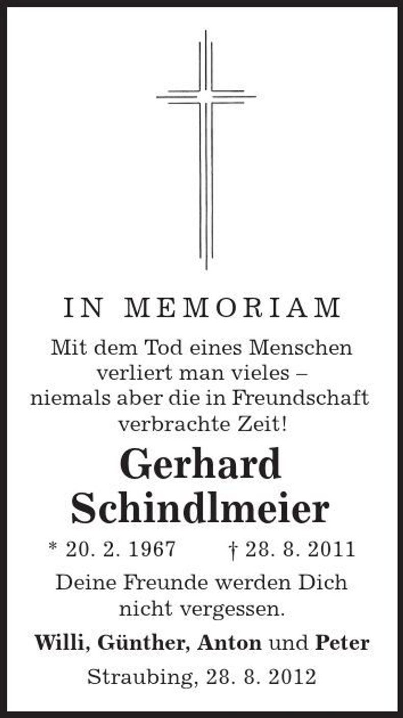 Traueranzeige Gerhard Schindlmeier