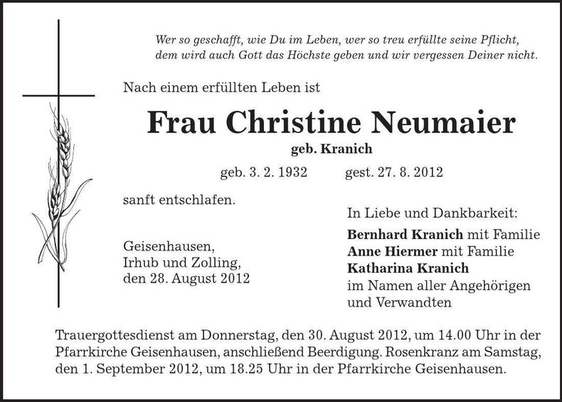 Traueranzeige Christine Neumaier