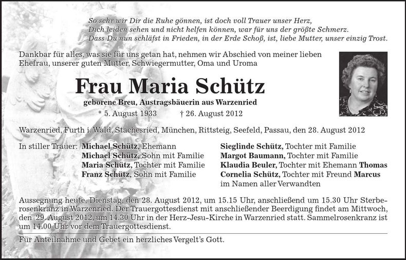 Traueranzeige Maria Schütz