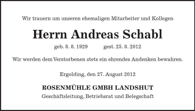 Traueranzeige Andreas Schabl