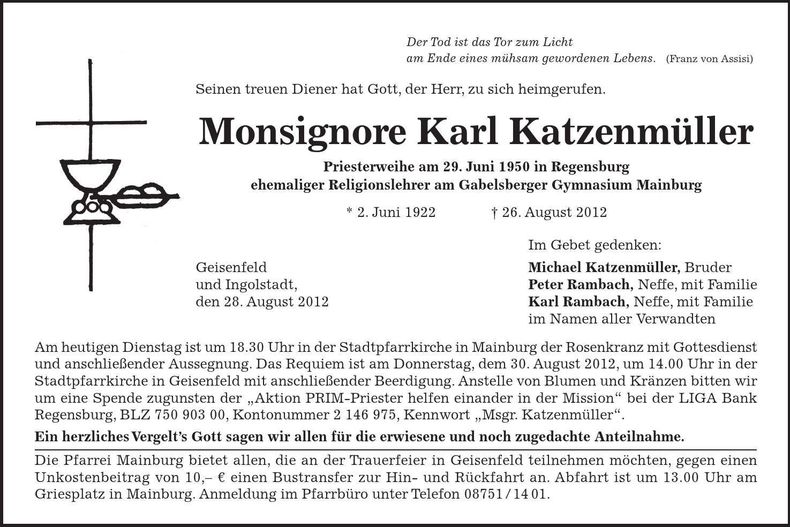 Traueranzeige Karl Katzenmüller