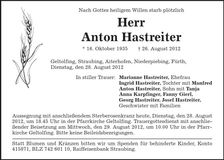 Traueranzeige Anton Hastreiter