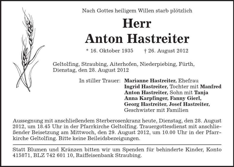 Traueranzeige Anton Hastreiter