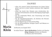 Traueranzeige Maria Klein