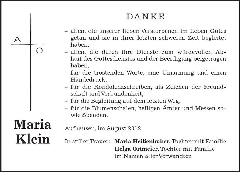 Traueranzeige Maria Klein