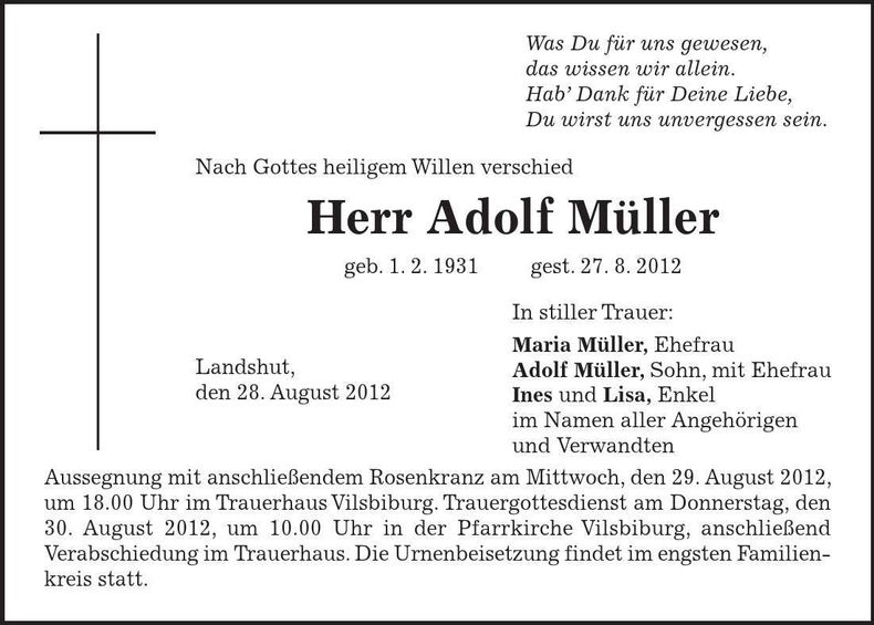 Traueranzeige Adolf Müller