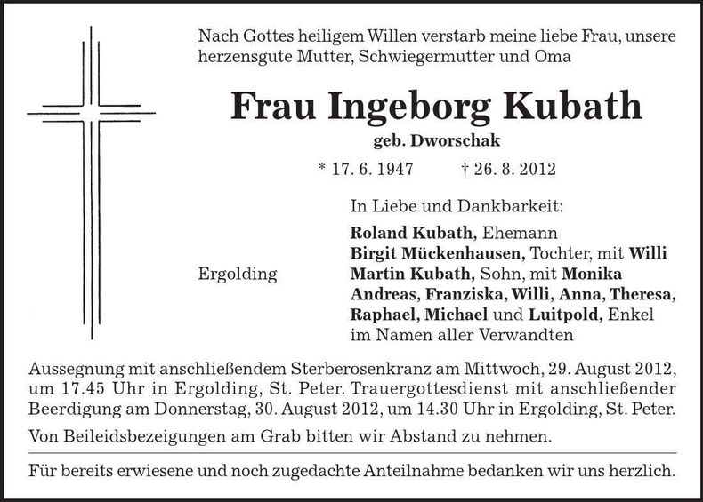 Traueranzeige Ingeborg Kubath