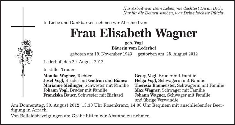 Traueranzeige Wager Elisabeth