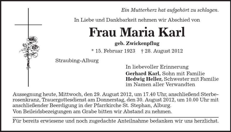 Traueranzeige Maria Karl