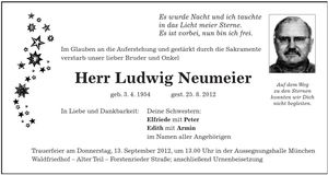 Traueranzeige Ludwig Neumeier