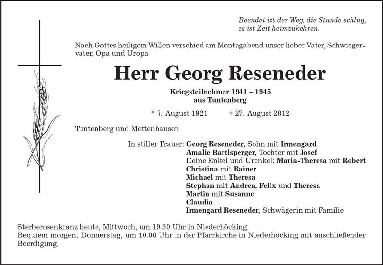 Traueranzeige Georg Reseneder