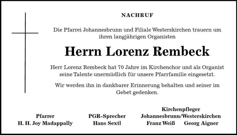 Traueranzeige Lorenz Rembeck