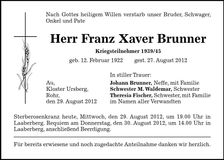 Traueranzeige Franz Xaver Brunner