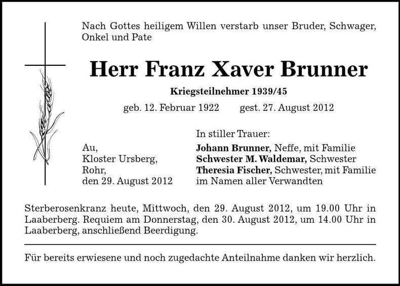 Traueranzeige Franz Xaver Brunner