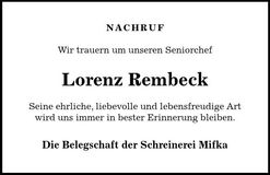 Traueranzeige Lorenz Rembeck