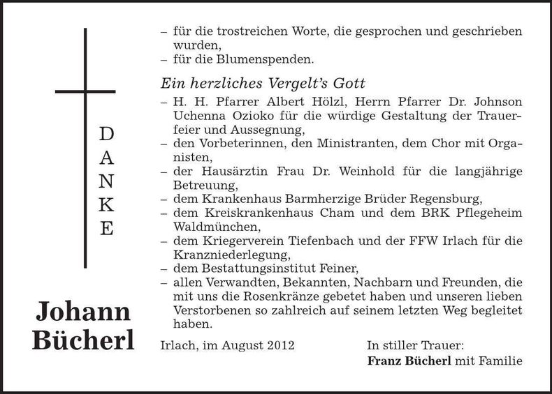 Traueranzeige Franz Bücherl