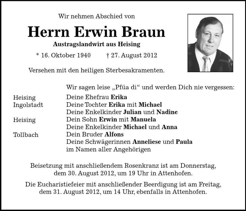 Traueranzeige Erwin Braun