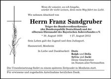 Traueranzeige Franz Sandgruber