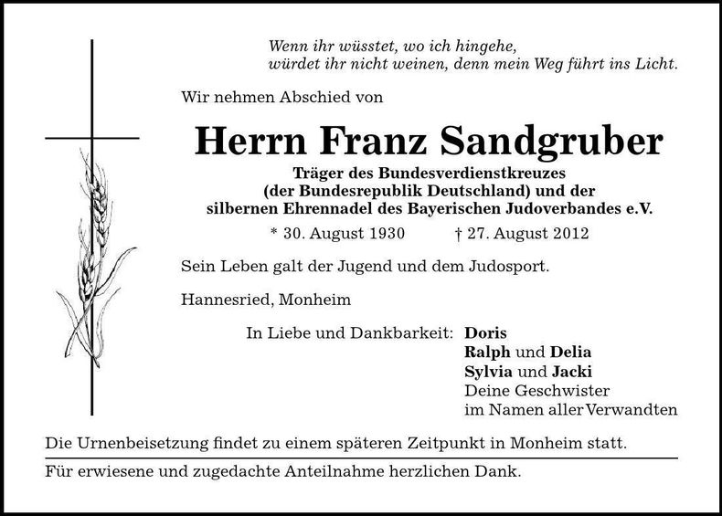 Traueranzeige Franz Sandgruber